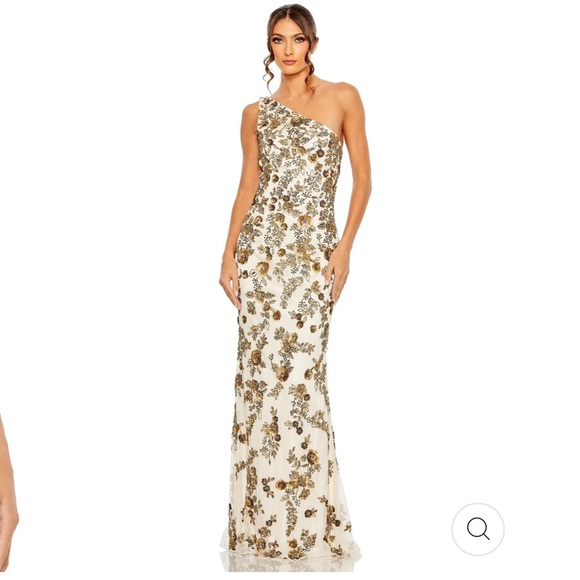 Mac Duggal Floral Beaded One Shoulder Gown 5955 Champagne Gold NWT - Picture 1 of 11